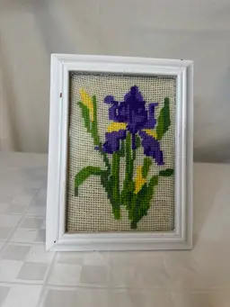 Needlepoint Purple Iris In White Wood Frame, 8.5”x 6.25”