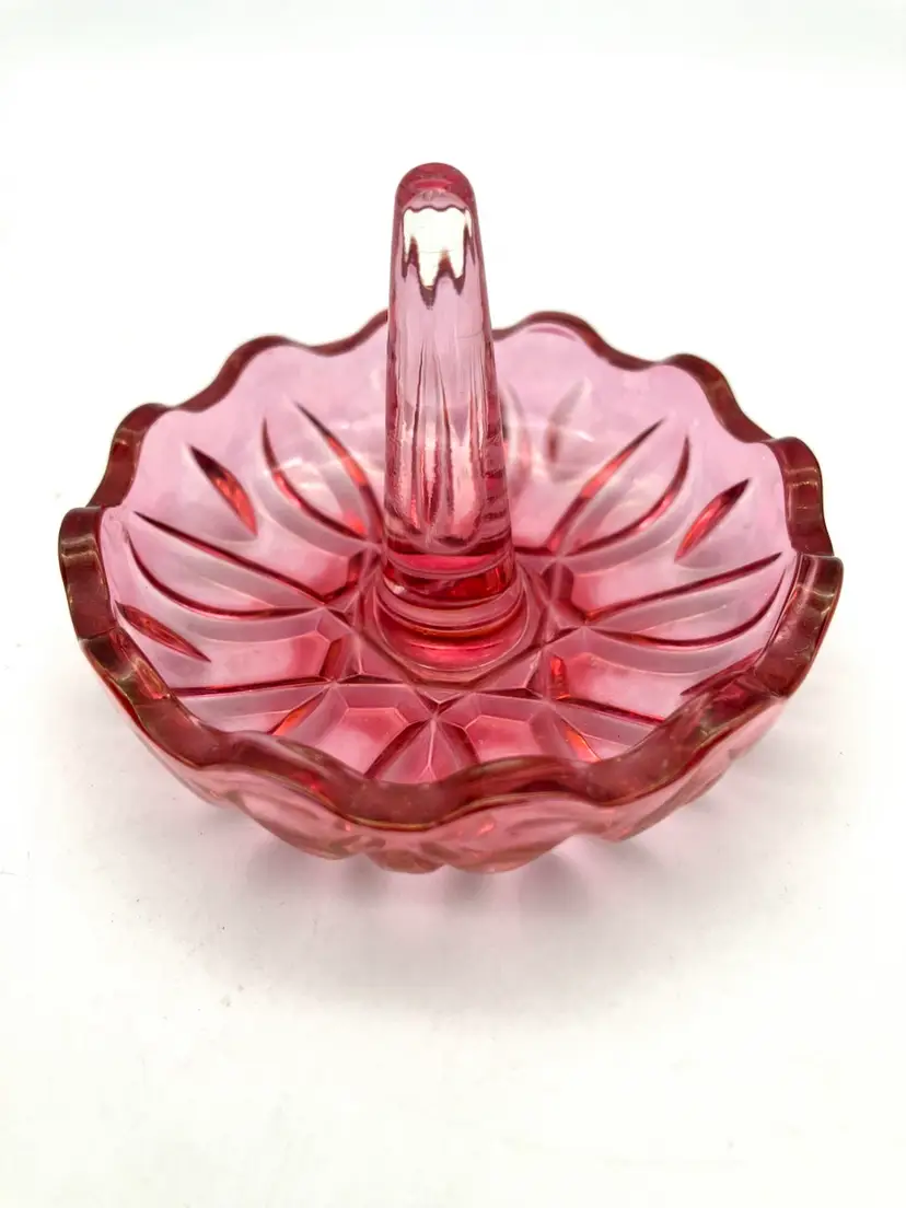 BIN - Small Pink Pressed Glass Ring Holder 2.25”