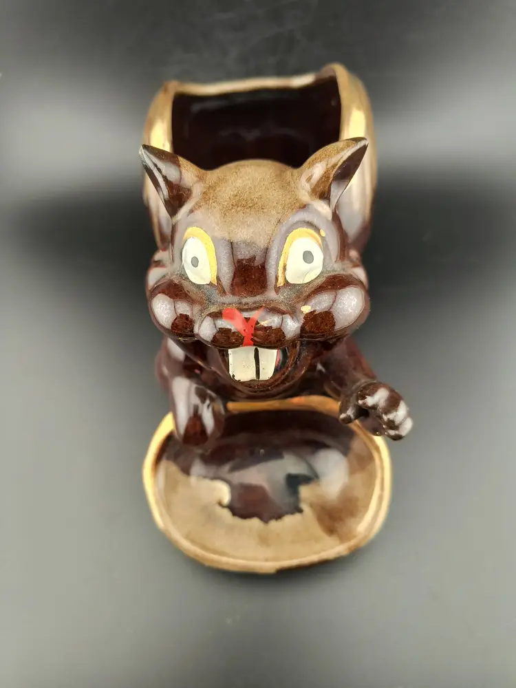 #01 Vintage Redware Chipmuck Squirrel Ceramic Planter Trinket Dish Nut Bowl Japan