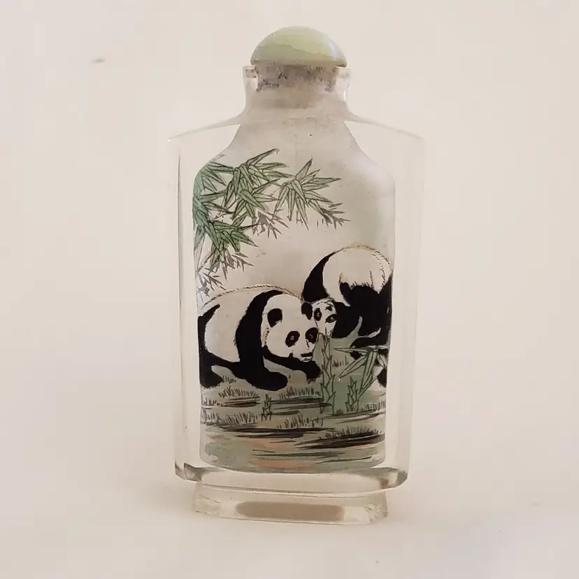 Chinese Reverse Painted with Panda Bears Glass Snuff Bottle with Jade Lid 3⅜"