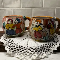 Vintage Italian Faone Scardin hand-painted ceramic pottery barrel mugs