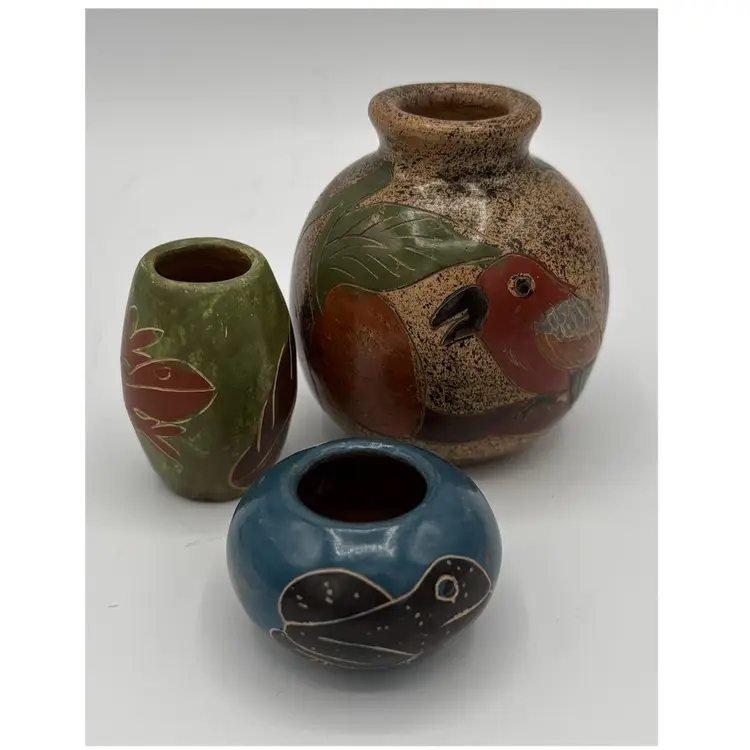 Miniature South American Folk Art Clay Pottery Vases