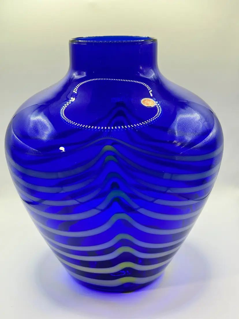 Vintage Hand-Blown Italian Cobalt Blue & Yellow Swirls Ribbons Glass Vase, Made in Empoli, Italy, Sticker Attached