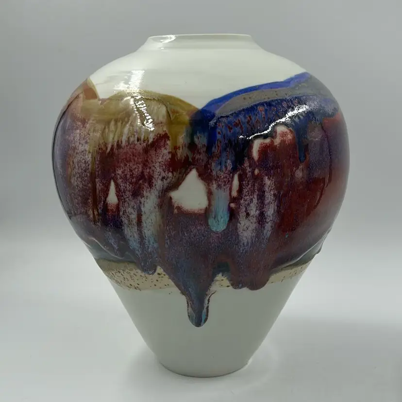 Vintage White With A Multicolored Drip Pottery Vase Signed Peter On Bottom 9.5” Tall  8.5”Wide