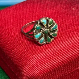 Sterling 925 Silver Blue & Green Turquoise Flower Sunburst Cluster Ring Zuni Petit Point Size 8