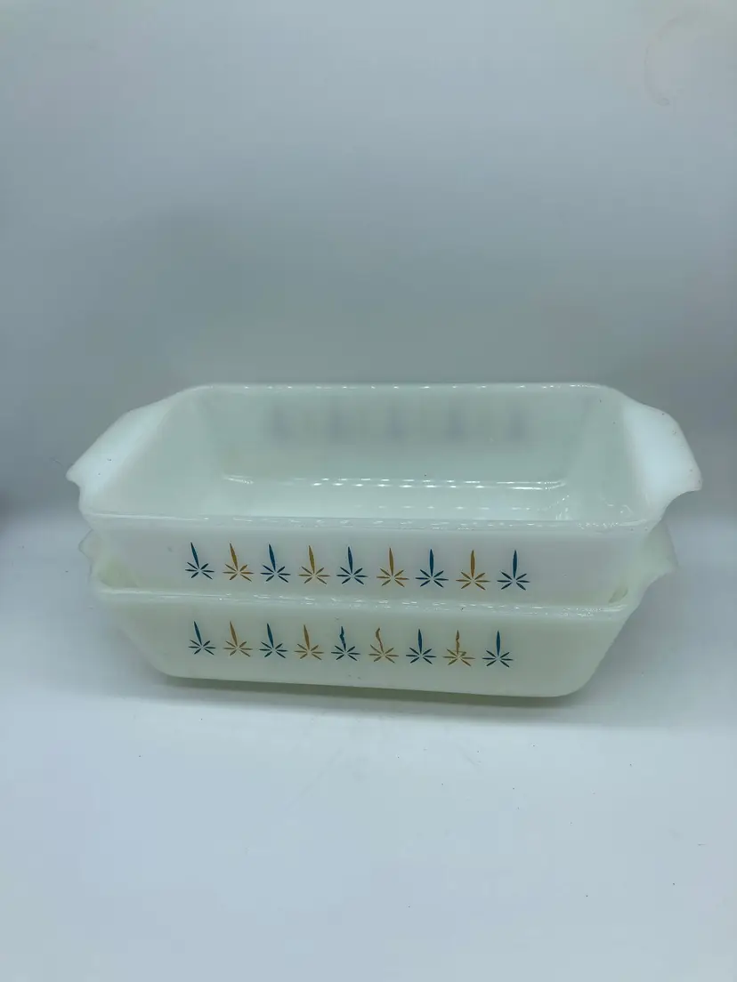 2 Vtg Fire King Atomic 'Candle Glow' Bread baking Rectangular Dish