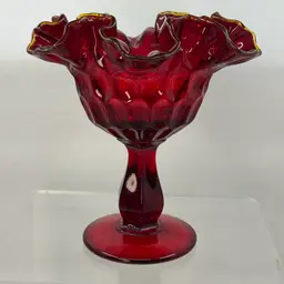 Fenton ruby red glass thumbprint pedestal candy dish with ruffled edge