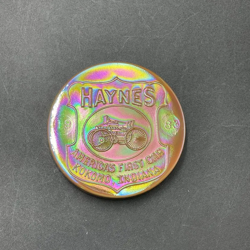 St. Clair Disk Paperweight Marigold Carnival Glass Haynes Americas First Car VTG