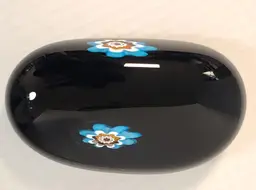 Murano Black Art Glass Paperweight With 2 Millefiori Flowers Sticker And Signed