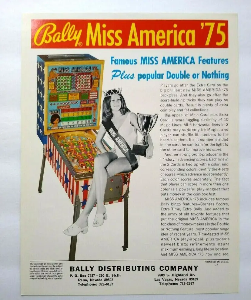 Miss America Pinball FLYER Original 1975 Bingo Game Art Pretty Lady Seated
