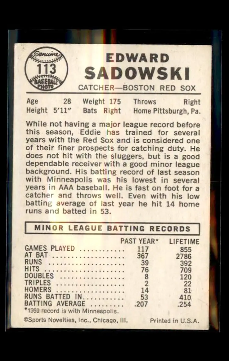 1960 Leaf #113 Ed Sadowski - (pk1) - Boston Red Sox