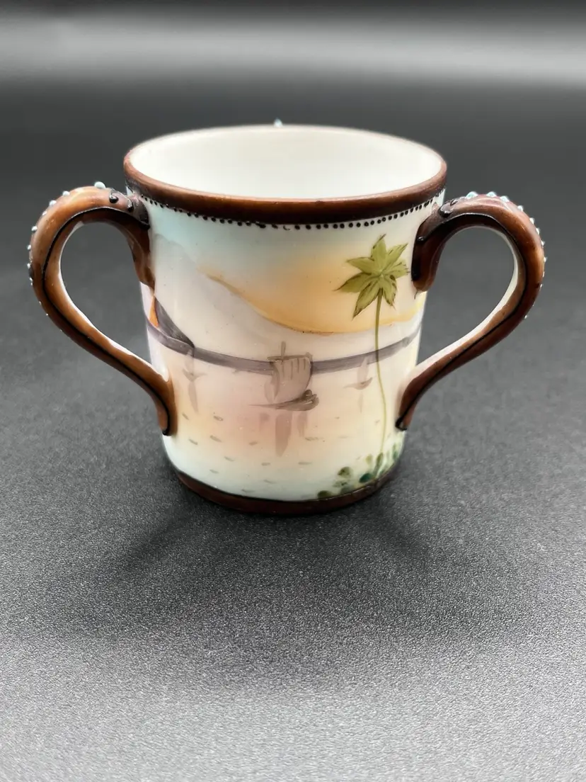Rare Japanese Nippon Porcelain 3-Handled Hand Painted Ocean/Water Scene Tea Cup 2"