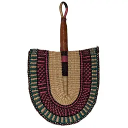 African Handmade Bolga Woven Fan Leather Handle 18”