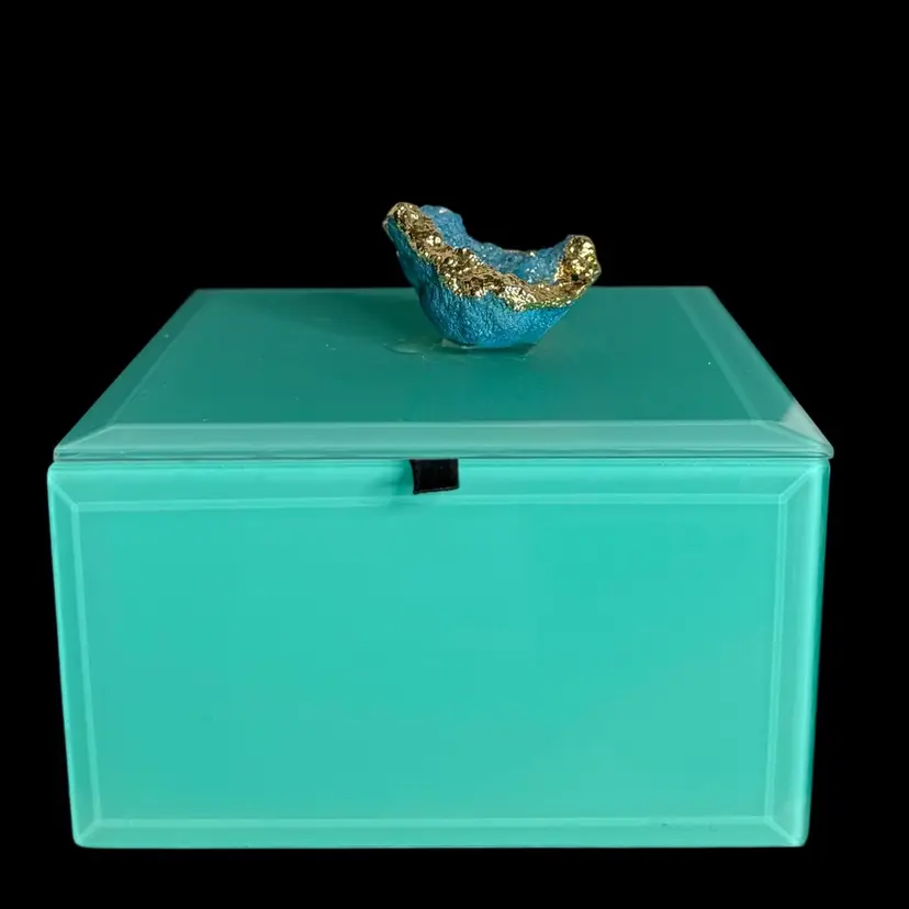 Jewelry/Trinket Box Aqua Blue Beveled Glass Blue Geode Crystal Handle With Gold Accents
4” T x 4.5" W