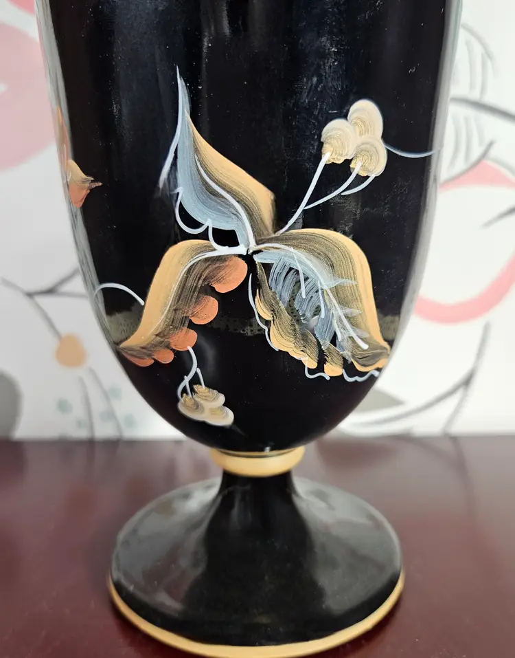 1994 Fenton Hand Painted by JK Spindler Black Glass Vase Don Fenton Signed #1246