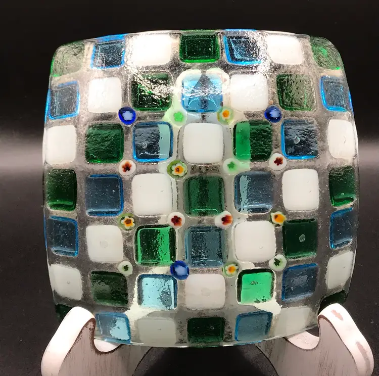 Fused glass floral inlay candle tray trinket dish