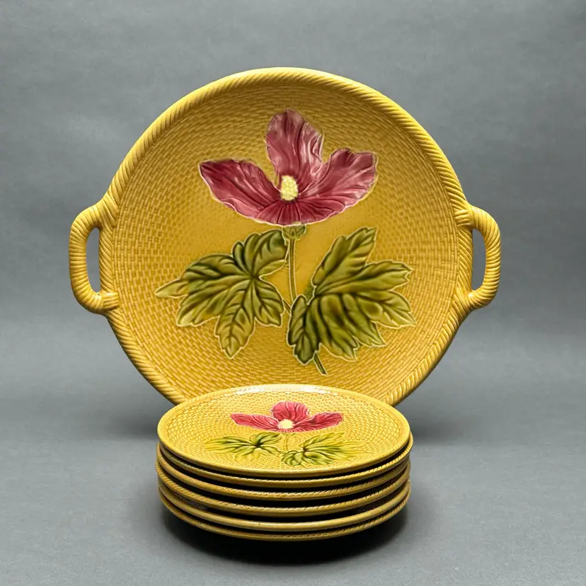 Antique German Majolica Hibiscus Serving Tray with 6 Plates: Basketweave Design