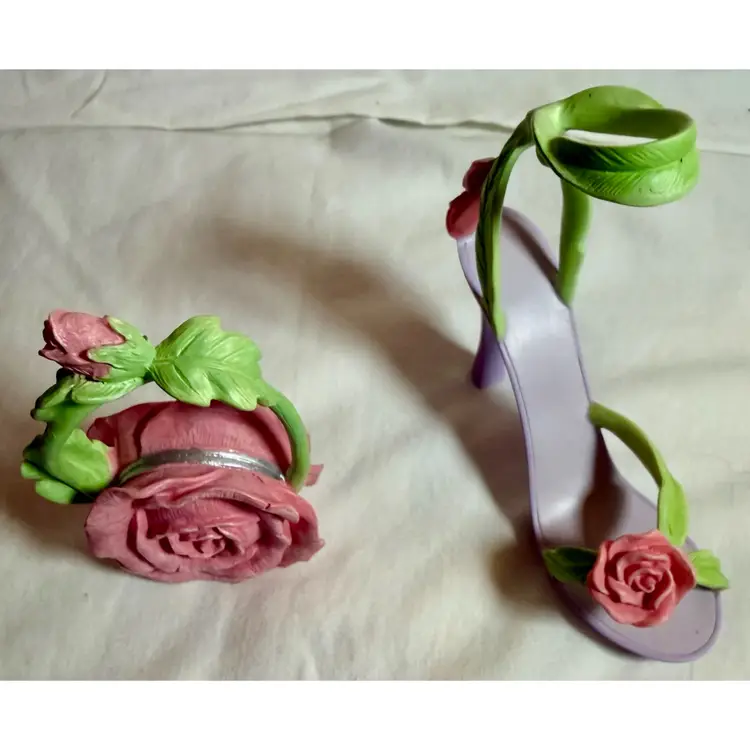 Miniature Vintage 90's Resin High Heel Shoe & Matching Purse Pink Rose Design Avon