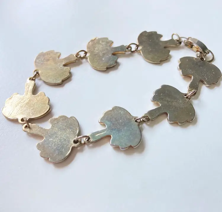 Vintage Abalone Paua Palm Tree Bracelet Fold Over Clasp Link pink orange green red gold tone beachy tropical 1970s