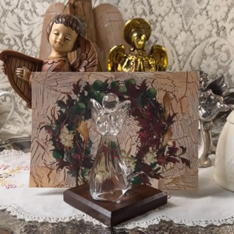 Glass Angel On Wood Base Christmas Card Holder