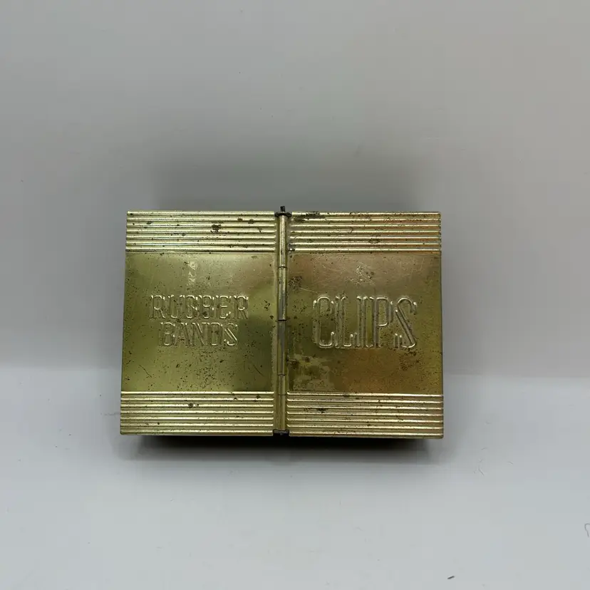 Vintage Park Sherman Company, Brass Tone  Rubber Bands And Clip Box 4 3/4x 3 1/2”