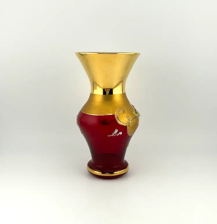 Vintage Hand Painted Red Bohemian Glass Vase 2.5”x 5”
