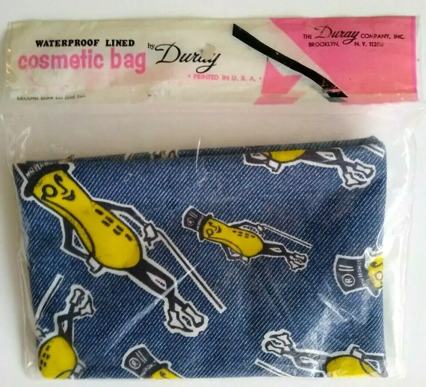 Mr Peanut Cosmetic Bag Blue Fabric Zipper Duray Planters Peanuts 1970s SEALED