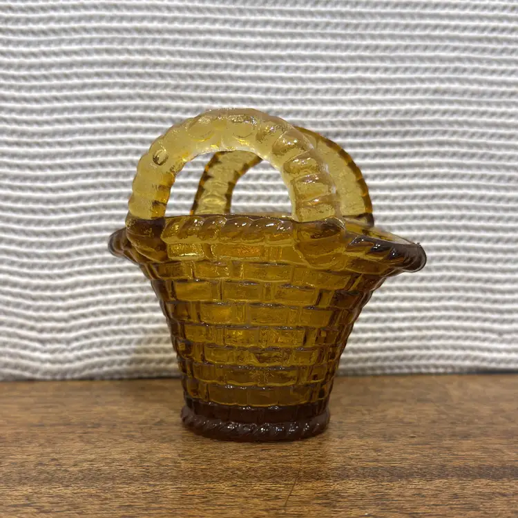Amber Pressed Glass Basket: Vintage 4 Inch Jeanette Woven Pattern Toothpick Holder (0245-25)