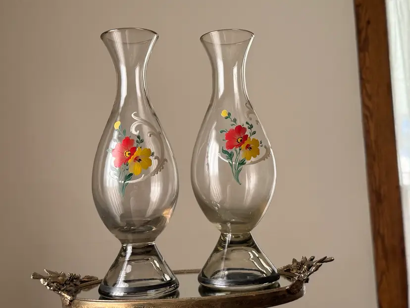 Vintage Swedish Glass Set Of 2 Smokey Hurricane Style Vases Hand Painted