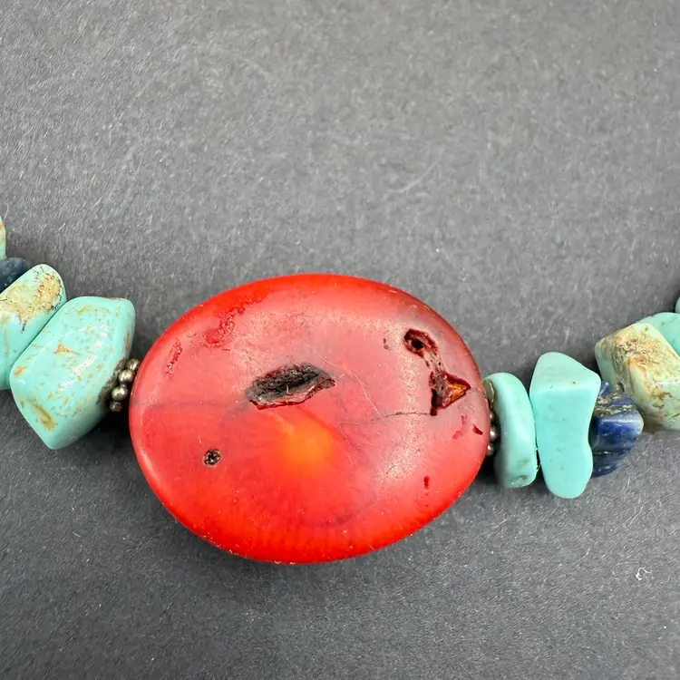 .925 ATI China Turquoise Coral And Lapis Lazuli Chocker Necklace