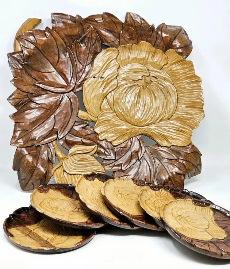 Hand Carved Wood Leaf Platter 14" Food Snack Trays 6" Plates Set of 6 Rare Handmade