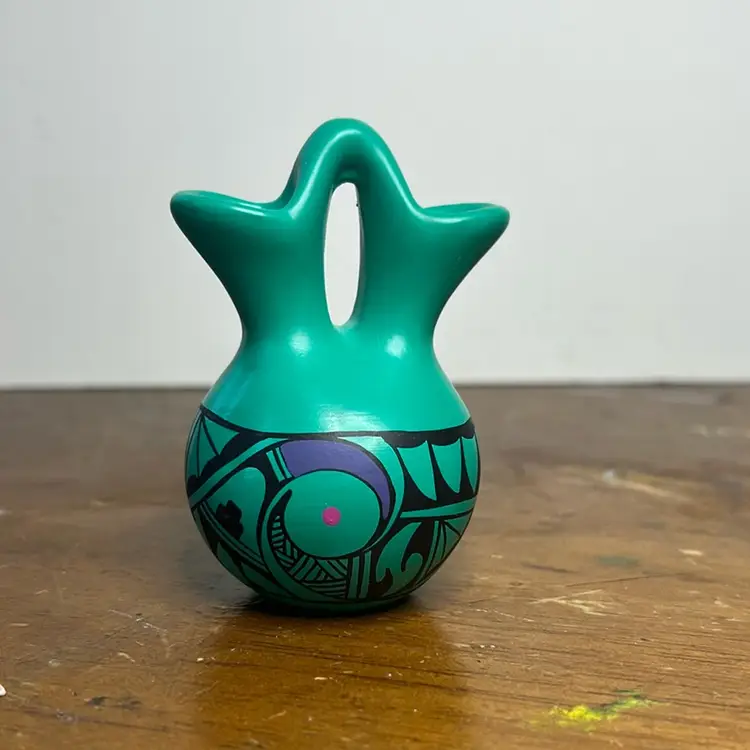 Navajo Pottery Double Spout 3” Wedding Vase Artist Signed M. Falcon 1996