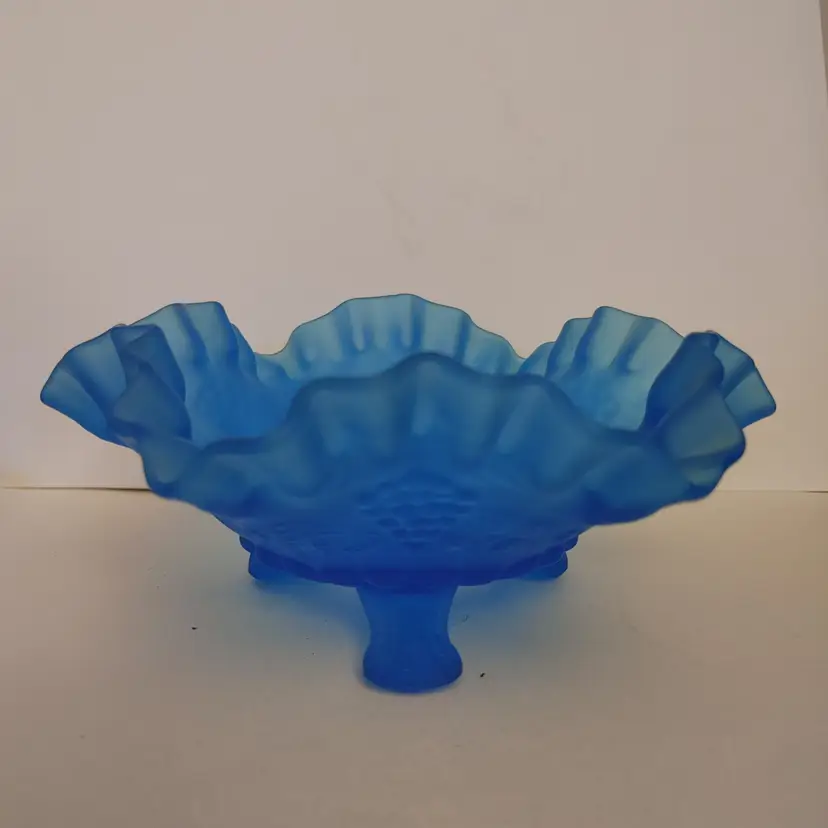 Westmoreland Satin Blue Milk Glass 3 footed ruffled bowl with grape vine pattern. 8w x 3.25h x 8d. No chips or cracks.