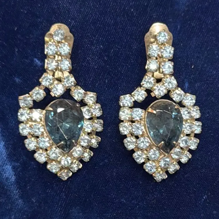 Stunning Vintage MCM Runway Bi Color Blue Prong Set Rhinestone SilverTone Dangle Earrings 2”