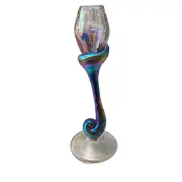 Swirling bands of iridescent glass in a "rainbow" of colors encircling the base and stem Candlestick Or Goblet