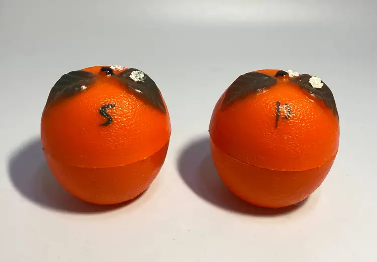 Vintage Hong Kong Plastic Oranges Salt and Pepper Shakers in Crate