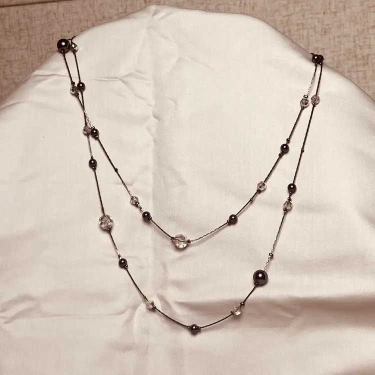 Vintage 44” Beaded Station Necklace – Long Black & Clear Glass Layering Necklace