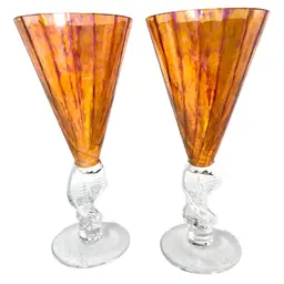 7-1/2” Smyers Glass Studio Handblown Orange 🧡& Purple 💜 Swirl Wine Glasses. Helix 🧬 Shaped Clear Stems. Signed On Bottom.