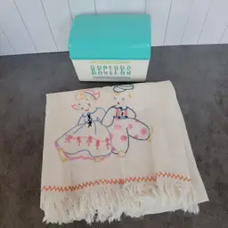 Retro Turquoise & White Plastic Recipe Box Filled With Recipes and Embroidered Girl/Boy Tea Towel