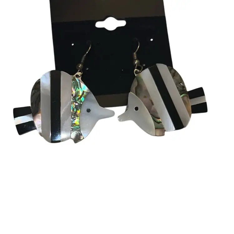 Alpaca Silver Abalone & Mother Of Pearl & Onyx Fish Earrings 2”