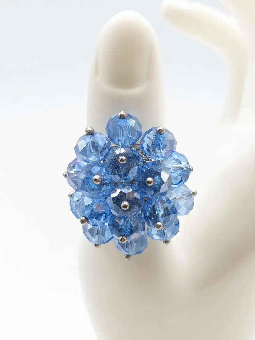 Blue Faceted Bead Flower Ring Silver Tone Adjustable