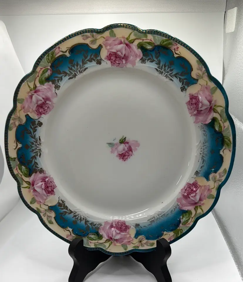 M. Z. Austria Floral 8.75” Plate turquoise pink roses gold trim acorn mark