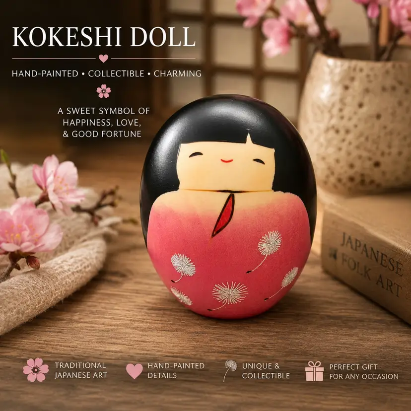 Vintage Japanese Kokeshi Doll Hand Painted Wooden Figurine Pink Floral Black Hair