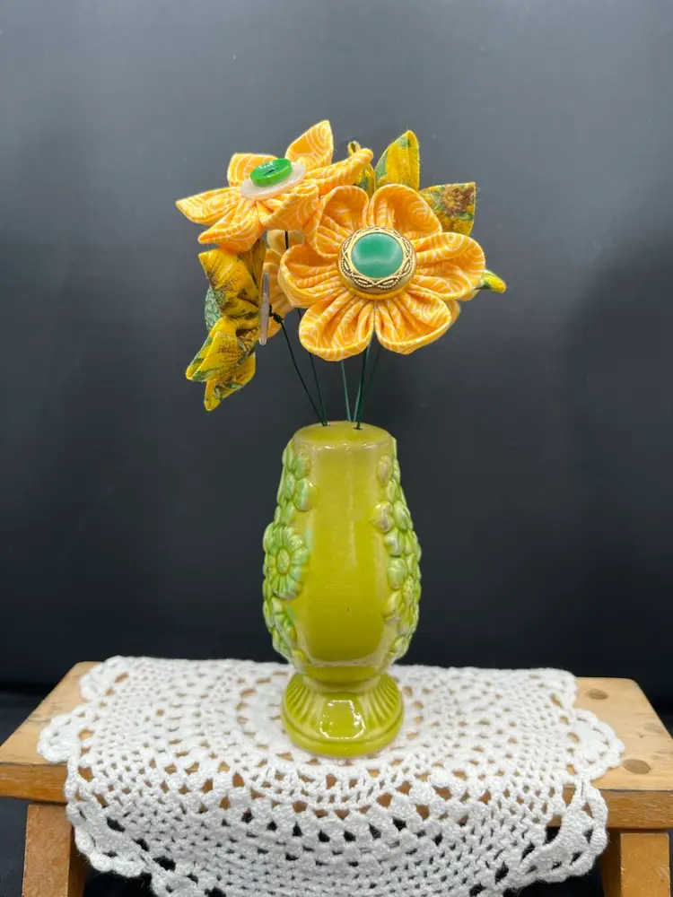 Made By Me Fabric And Vintage Button Flowers Arranged In A Green Ceramic Shaker 6 1/2” x 4”