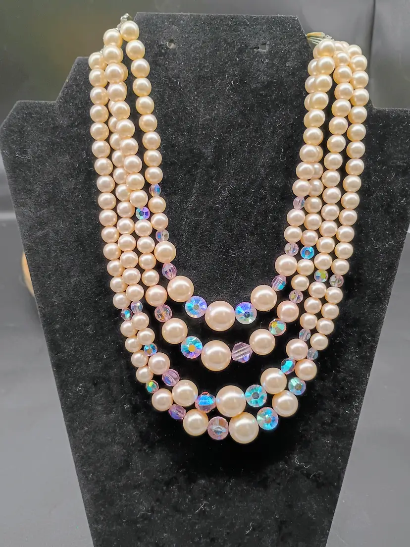 Vintage Aurora Borealis Glass Beads and Faux Pearl Graduated 4 Strand Choker Necklace.