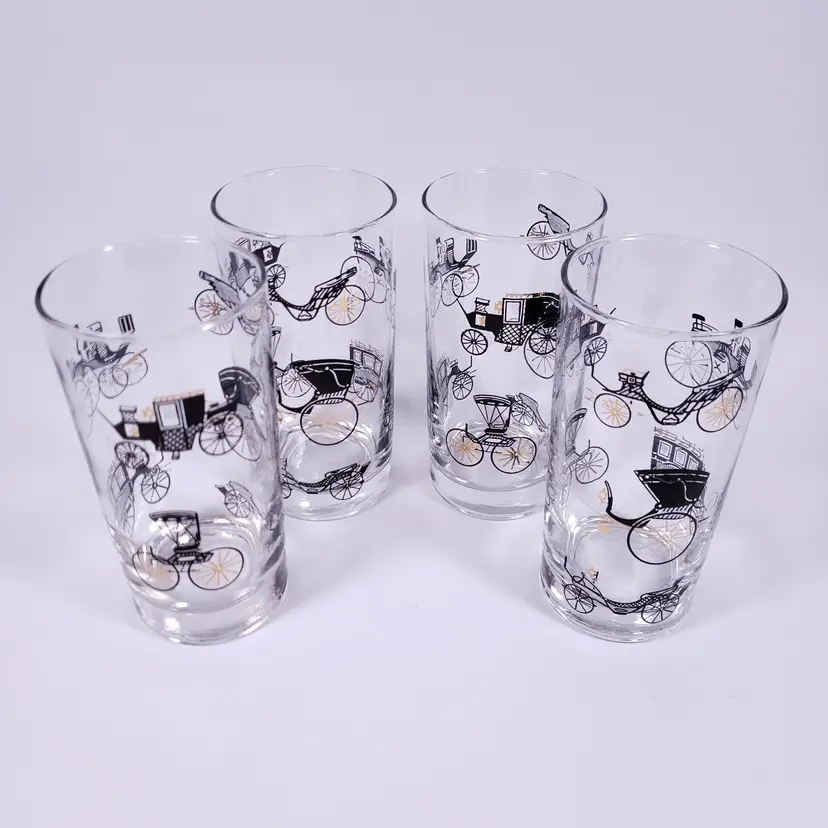 Vintage LIBBEY LRS137 Carriage Antique Car Black Gold GLASS TUMBLER SET