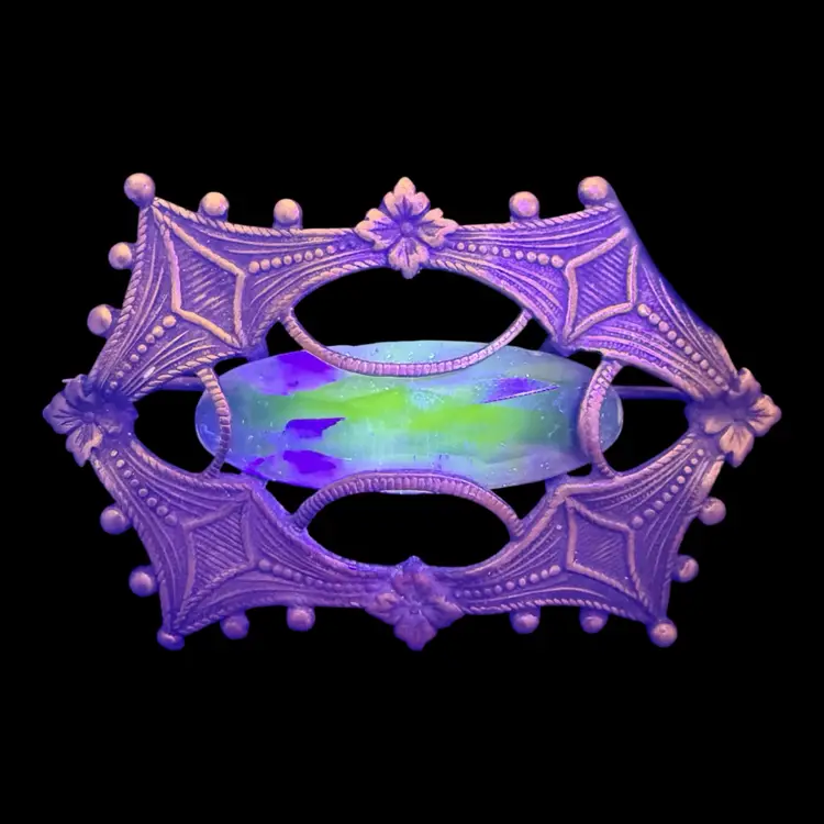 Antique Art Nouveau Purple Glass Rhinestone Brooch 2.25” UV Glow
