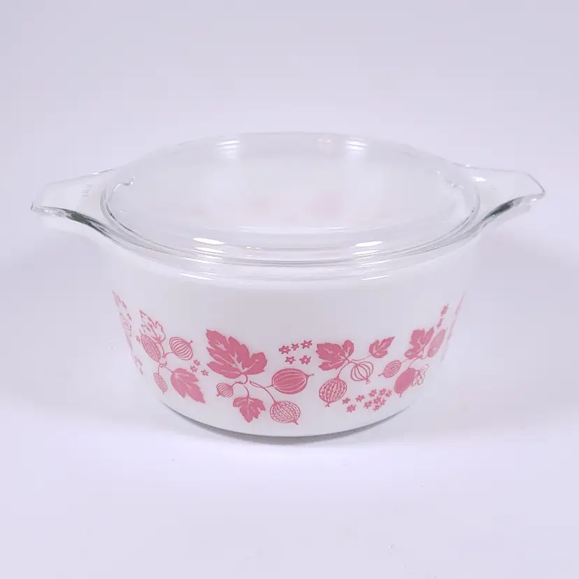Vintage PYREX 474-B Pink Gooseberry White Glass CASSEROLE DISH WITH LID