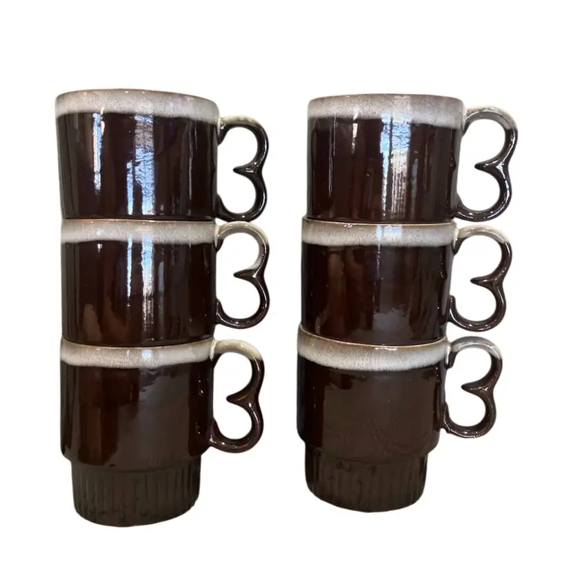 Set Of 6 Stacking Retro 1970s Japan Brown Glazed Redware 6oz Mugs