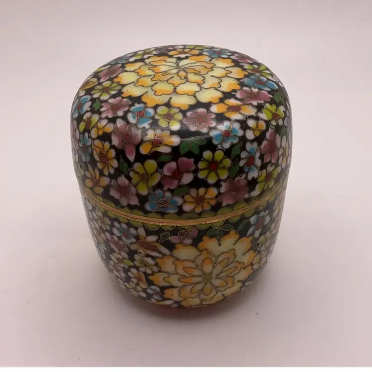 FFF VTG Cloisonne Trinket Box or Match Holder with Flowers  2.75” x 2.75”